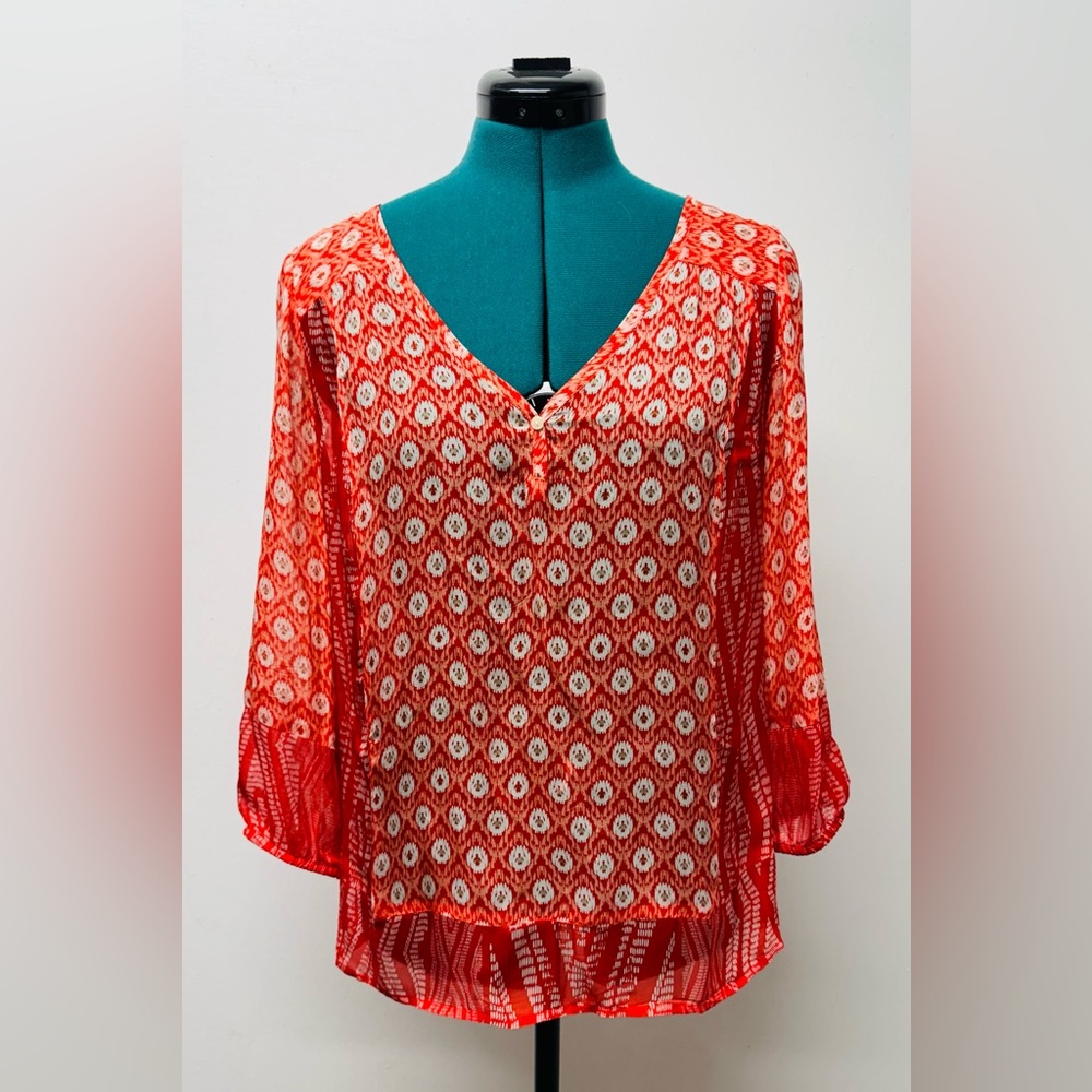 Lucky Brand Women’s Caley Mixed Print 3/4 Sleeve Blouse Orange Semi Sheer Size S